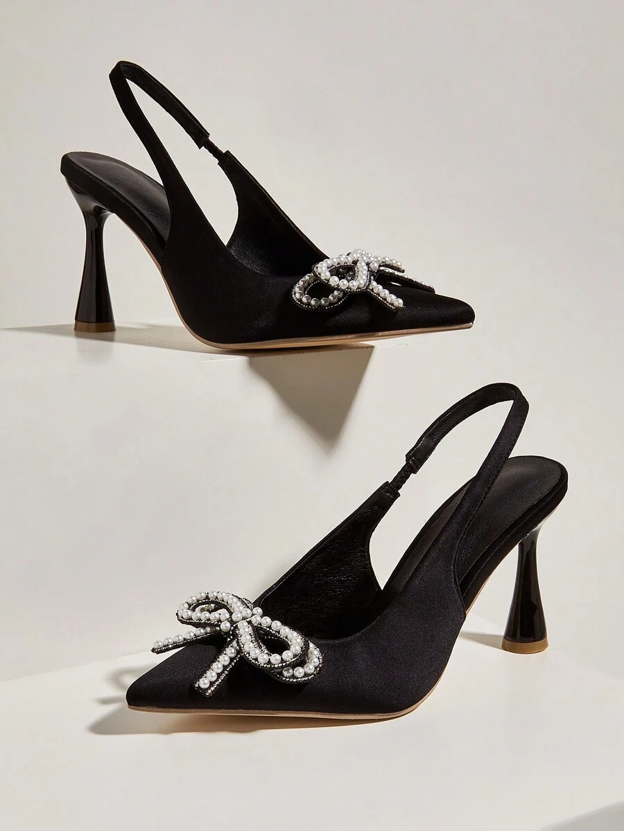 New Arrival 2023 Pointed Toe Faux Pearl Bow Closed Toe Stiletto Mules, Elegant Women's Sandals