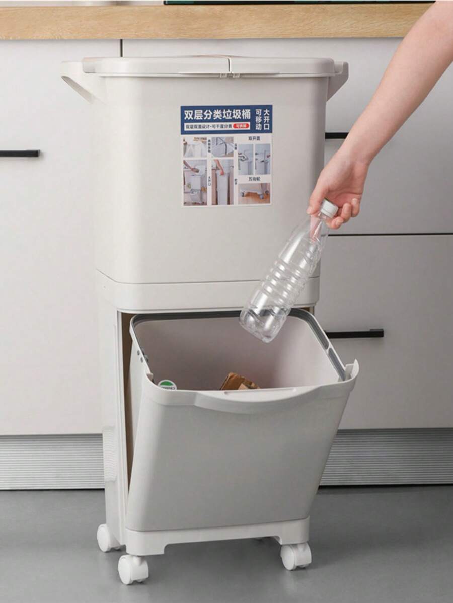 Cubo De Basura Doméstico De Doble Capa Con Tapa, Gran Capacidad, Separación Húmeda/seca, Cubo De Basura Para Almacenaje De Cocina, 1 Ud. - Blanco - Ver 1