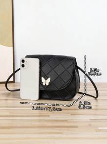 Fashionable Casual Rhombus Pattern Quilted Butterfly Detail Crossbody Mini Square Bag - Black - View 2