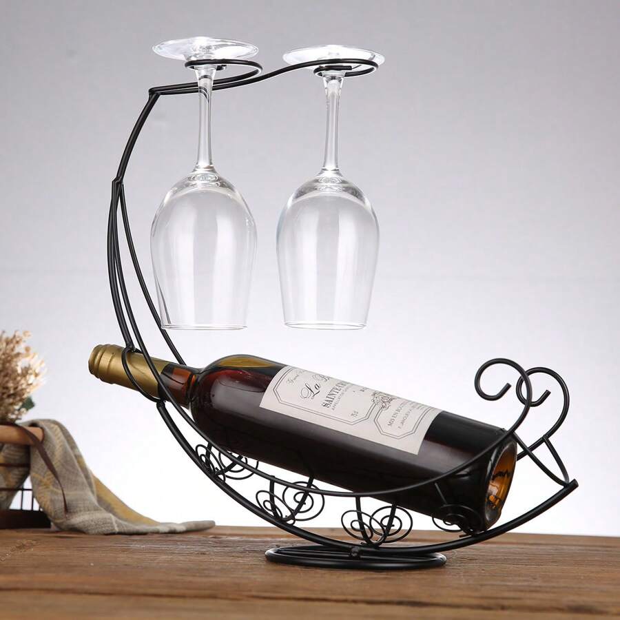 創意黑色海盜船酒架裝飾酒櫃紅酒杯架帶滴水盤 - 黑色 - 查看 1