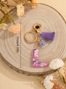 字母 L 流苏钥匙扣首字母树脂时尚手提包吊坠钥匙扣可爱汽车钥匙圈包包配件礼品（在夹层中添加一根细金属棒（如图所示）是为了确保夹层的内表面也能顺利电镀出漂亮的颜色。金属棒可能包含在内，也可能被移除。）感恩节礼物，圣诞节礼物，圣诞节配饰，圣诞节装饰汽车配饰女士 - 紫色 - 查看 2