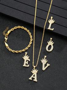 1 Set Stainless Steel Crown & Letter Decor Necklace, Twist Chain Bracelet, Suitable For Children's Birthday Gift And Party Accessories - Yellow Gold - View 2