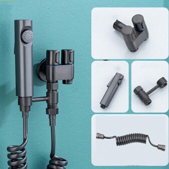 1 set of copper shower nozzle and shower nozzle bracket and shower nozzle pipe set, classic gray adjustable pressure flushing toilet nozzle and nozzle bracket and bathroom shower hose set