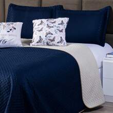 Kit Cobre Leito Colcha Borboleta Azul Marinho/Caqui Dupla Face com Almofadas Estampadas Casal Padrão 05 Peças - Decoração Quarto Moderno