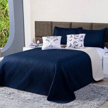 Kit Cobre Leito Colcha Borboleta Azul Marinho/Caqui Dupla Face com Almofadas Estampadas Casal Padrão 05 Peças - Decoração Quarto Moderno