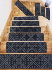 1 Pieza Alfombra Suave Para Escalones Con Patrón Variado, Alfombra De Escalera Autoadhesiva Y Antideslizante Con Absorción De Agua Para Proteger Tus Escaleras - Gris - Ver 1