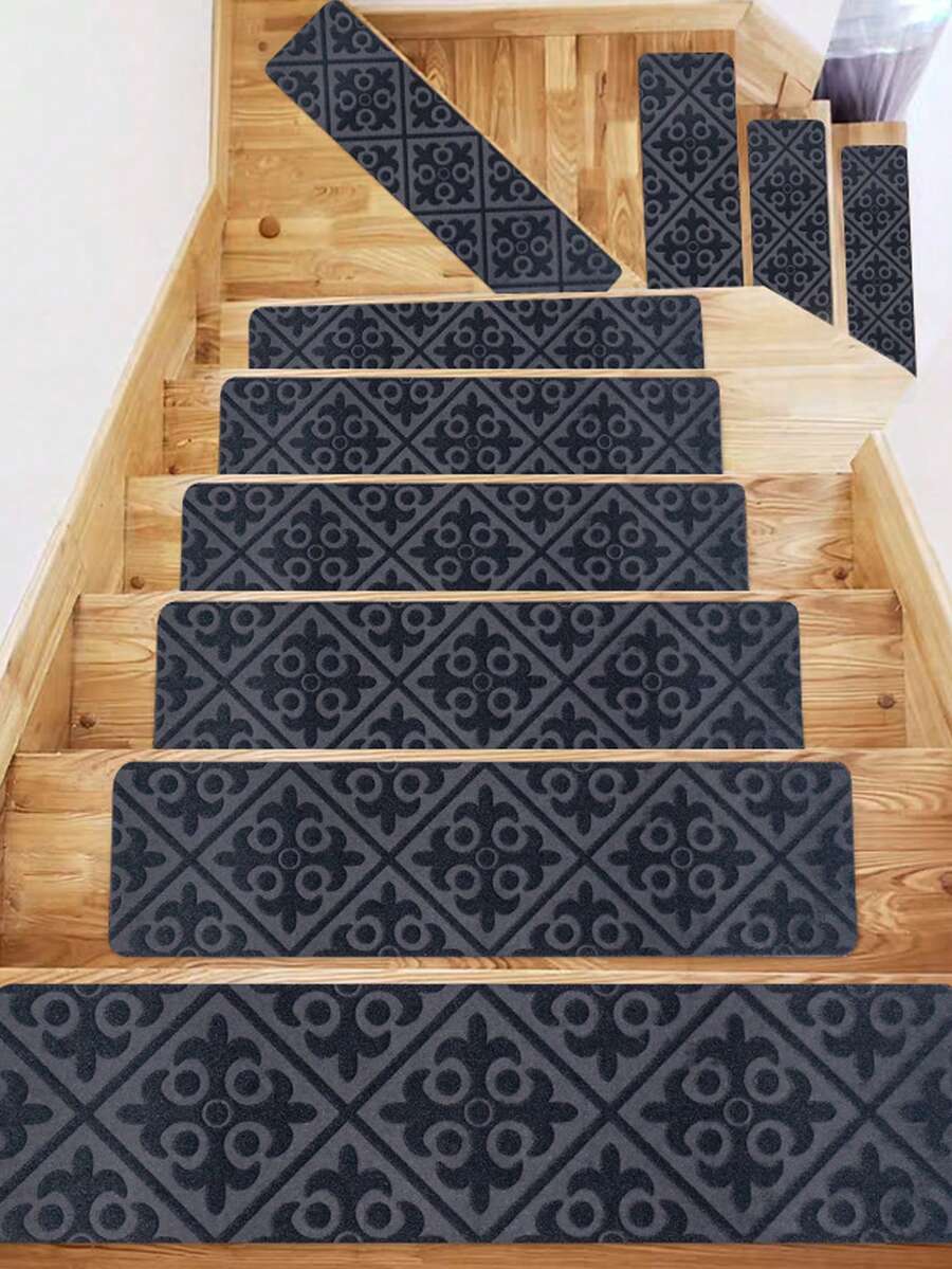 1 Pieza Alfombra Suave Para Escalones Con Patrón Variado, Alfombra De Escalera Autoadhesiva Y Antideslizante Con Absorción De Agua Para Proteger Tus Escaleras - Gris - Ver 1
