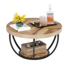 Tribesigns Round Coffee Table, Industrial 2-Tier Circle Coffee Table With Open Storage Shelves, Wooden Accent Center Table Sofa Side Table For Living Room, Home Office Decor Furniture, Brown & Black - Brown + Black - View 2