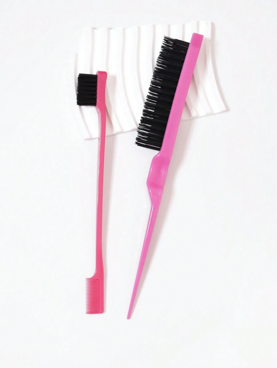 Hair Brush Set, 2pcs, Teasing Brush & Dual-Sided Edge Brush, Used For Edge & Back Brushing, Smoothing Hair Comb - Hot Pink - View 1