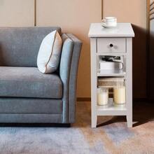 Bedside Table With 3 Levels, Side Table With Drawer & 2 Open Shelves, Modern Bedside Table For Bedroom, Living Room, Narrow And Space-Saving, Choice Of Colors - White - View 2