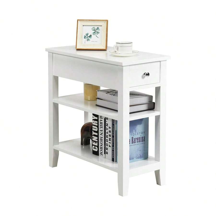 Bedside Table With 3 Levels, Side Table With Drawer & 2 Open Shelves, Modern Bedside Table For Bedroom, Living Room, Narrow And Space-Saving, Choice Of Colors - White - View 1