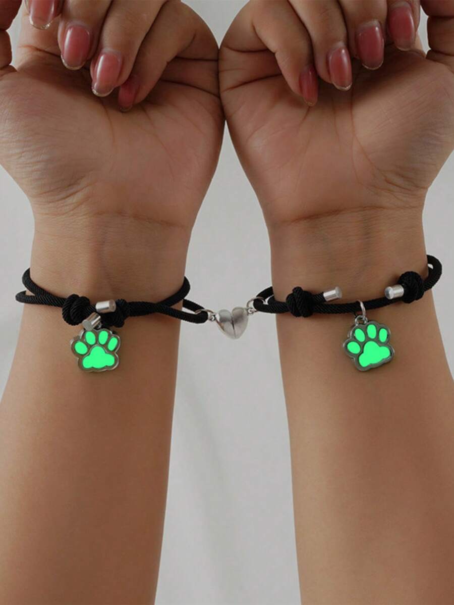 2 Stücke Leuchten-im-dunklen Hunde-pfote-anhänger-herzfrmagnetisch Anziehendes Paar Armbandset