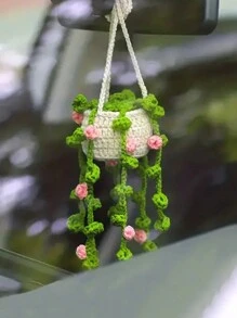 1pc Car Pendant Handcrocheted Cute Plant Car Rearview Mirror Creative Pendant Car Decoration - Multicolor - View 3