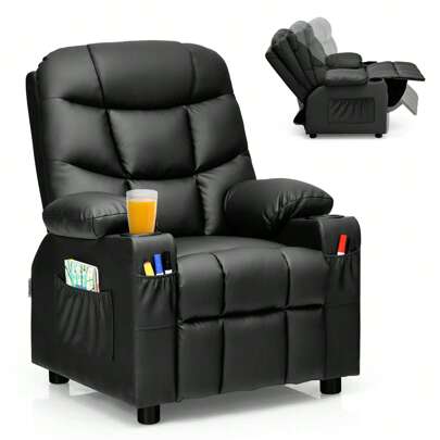 Lifezeal Kids Youth Recliner Chair PU Leather W/Cup Holders & Side Pockets