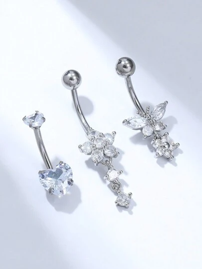 ROMWE Kawaii 3 件/套银色时尚身体首饰，带水钻、心形蝴蝶和花朵，适合女性派对、约会或节日，可作为情人节、妈妈、母亲、母亲节、礼物