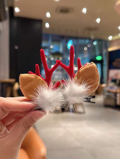1pair Fuzzy Ball & Deer Antler Christmas Hair Clips, Cute Reindeer Hairpins For Adults, Xmas Party Headwear Decoration