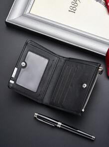 SHABILI 1 chiếc ví ngắn bằng da PU thiết kế gấp nổi màu trơn có kẹp góc trang trí, ngăn đựng thẻ dung lượng lớn, khóa kéo - Túi đựng quà tặng, phong cách cổ điển, dùng cho công sở, hẹn hò và kinh doanh, ví dành cho nam - màu đen - Xem 5