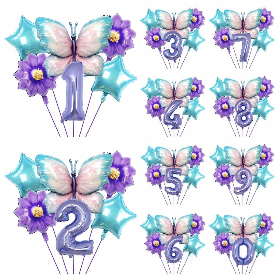 7 件裝卡通彩色蝴蝶、紫色花朵、數字鋁箔氣球套裝適合兒童生日、派對裝飾 - 讓您的派對更加迷人 - 彩色 - 查看 1