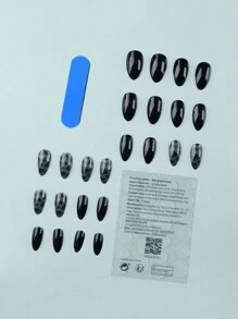 24入組長形杏仁形黑色和心形設計假指甲套裝，瞬間提升你的造型，適用於女性和女孩，自貼指甲，美甲工具 - 黑色 - 查看 2