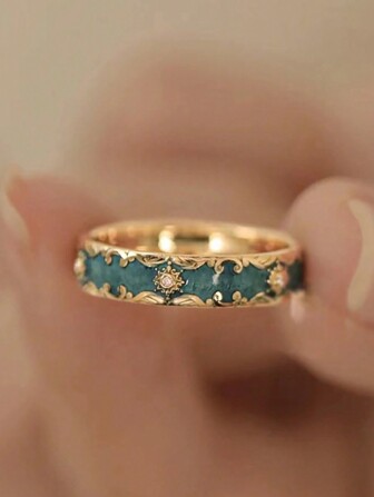 1 件精致镂空绿色珐琅花卉图案戒指，时尚设计，送给年轻女孩的优雅礼物