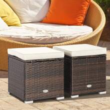 Costway 2PCS Patio Rattan Ottomans Seat Side Table Storage Box Footstool with Cushions - White - View 2