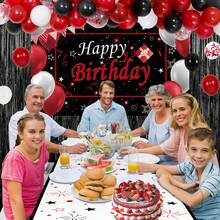 rojo con negro Decoraciones de cumpleaños para hombres Mujer , feliz Decoraciones de cumpleaños Chicos Chicas fiesta Decoración Fondo & Mantel globos de arco Kit confeti globos con fleco Cortinas Mantel - Rojo - Ver 2