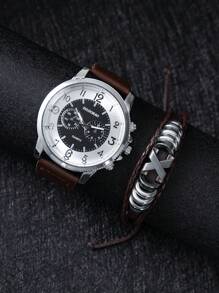 1pc Fashion Leather Strap Quartz Wrist Watch + 1pc Bracelet For Men - Brown - View 2
