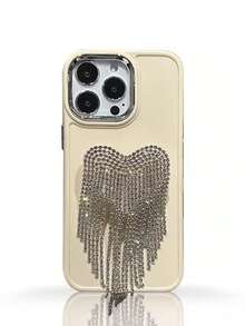 1pc Silver Color Bling Rhinestone Heart Pendant Fringe Phone Case, Compatible With Iphone 11 14pro Max - Beige - View 1