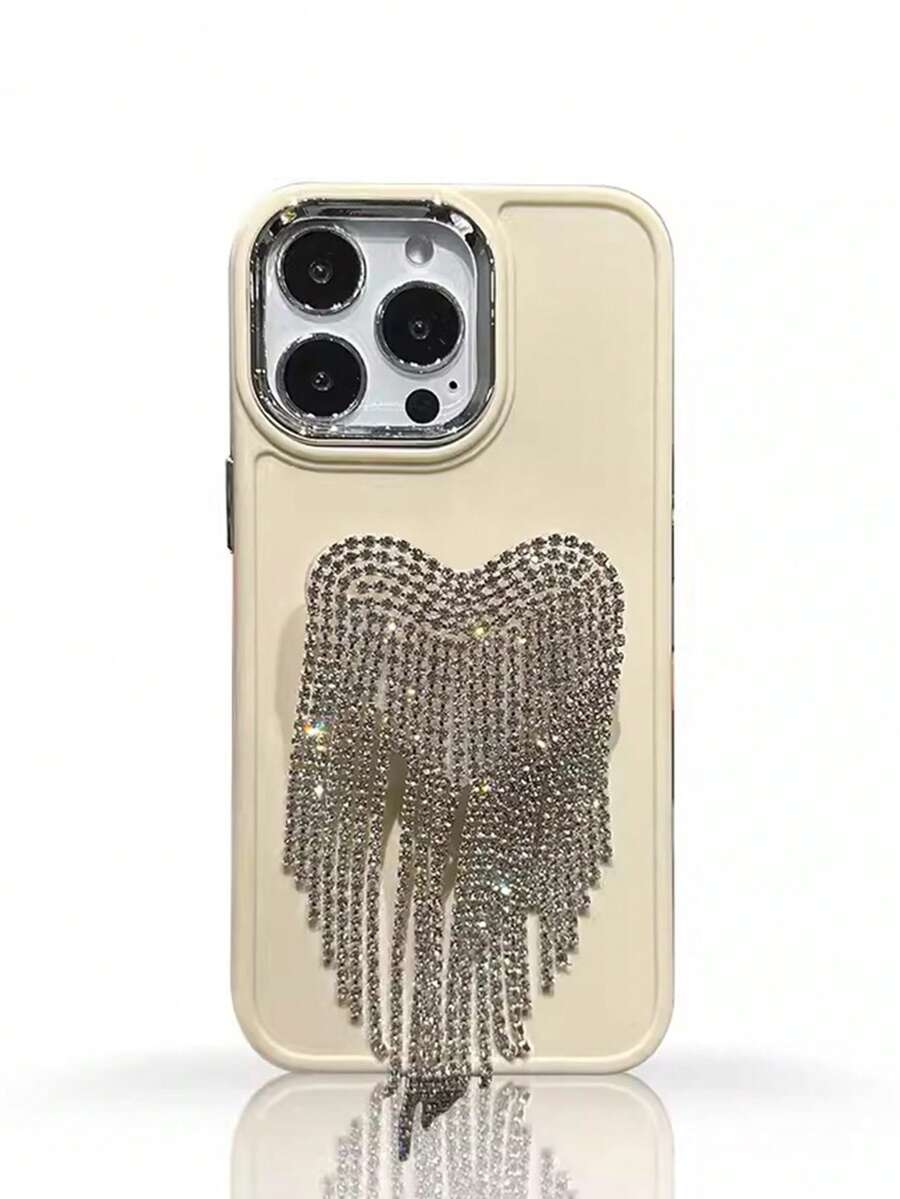 1pc Silver Color Bling Rhinestone Heart Pendant Fringe Phone Case, Compatible With Iphone 11 14pro Max - Beige - View 1