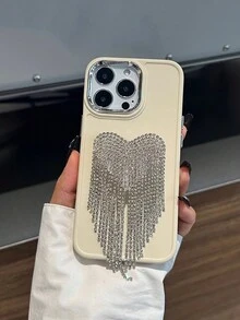1pc Silver Color Bling Rhinestone Heart Pendant Fringe Phone Case, Compatible With Iphone 11 14pro Max - Beige - View 2