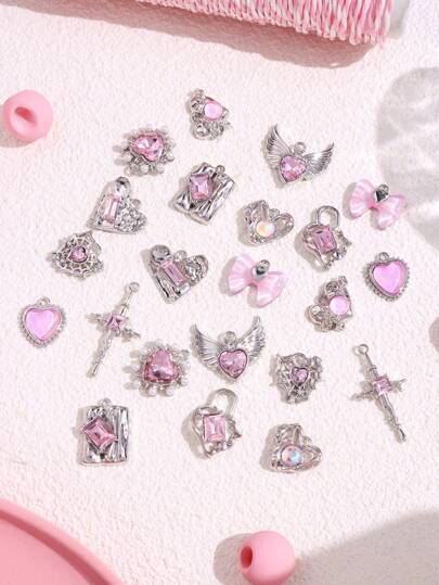 11pcs/Set Silver-Color Heart Cross Pendant With Pink Rhinestone For Diy Jewelry Making