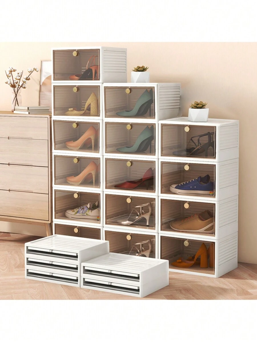 透明鞋盒,塑料加厚可折疊防塵收納容器,可堆疊組合 - 咖啡棕 - 查看 1