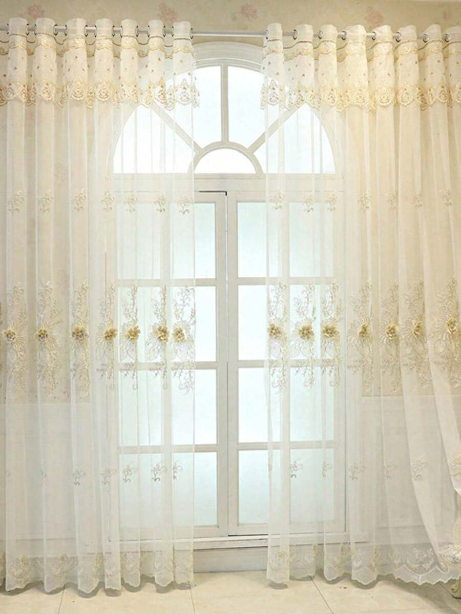 1pc Perforated Embroidered Sheer Curtain, Translucent Balcony/Living Room/Bedroom Voile Curtain Panel - Multicolor - View 1