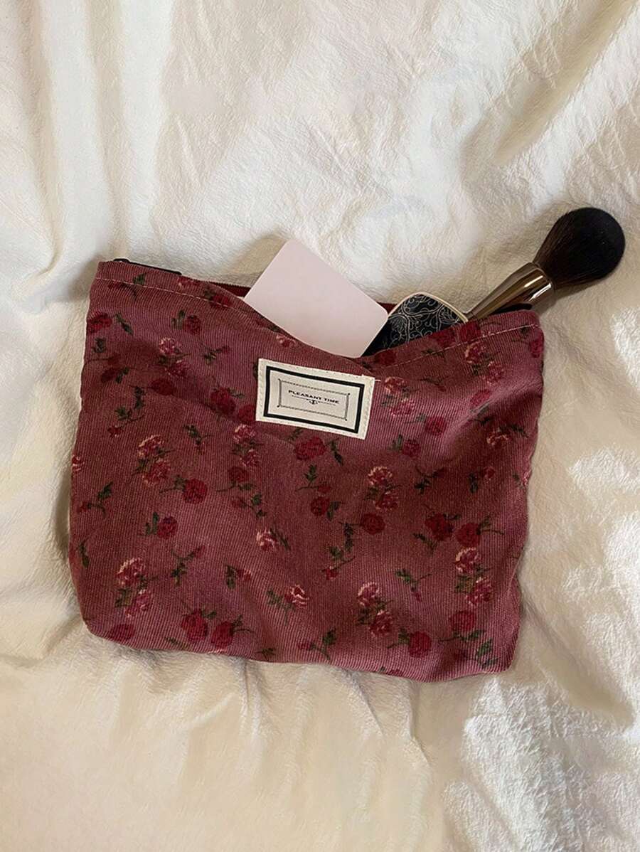 灯芯绒手拿包，简约条纹旅行收纳包，纯色化妆包，大容量灯芯绒旅行化妆包：出行美容的完美选择！（包上的标签字母是随机的） - 彩色 - 查看 1