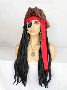 海盜帽帶臟辮頭髮眼罩耳環項鍊棕色的帽假髮帶黑色編織適用於成年人長款中性海盜角色扮演假髮適用於化妝舞會&1入組假髮帽 - 黑色 - 查看 5