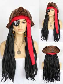 海盜帽帶臟辮頭髮眼罩耳環項鍊棕色的帽假髮帶黑色編織適用於成年人長款中性海盜角色扮演假髮適用於化妝舞會&1入組假髮帽 - 黑色 - 查看 1