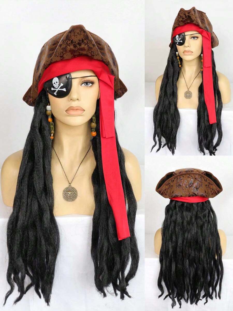 海盜帽帶臟辮頭髮眼罩耳環項鍊棕色的帽假髮帶黑色編織適用於成年人長款中性海盜角色扮演假髮適用於化妝舞會&1入組假髮帽 - 黑色 - 查看 1