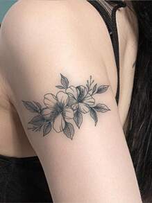 1 hoja de tatuaje con patrón de flores, pegatina para clavícula, cuerpo, tatuaje falso temporal pequeño - Negro - Ver 3