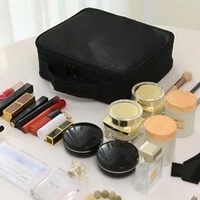 1入黑色大容量牛津化妝包，便攜式化妝箱，可拆卸隔板，美容工具組織儲存，專業化妝包旅行必需，防水化妝袋女性美容刷刺繡工具儲存化妝箱專業化妝箱旅行用品 - 黑色 - 查看 4