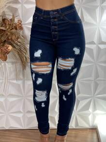 Women Jeans - 深色水洗藍 - 查看 4