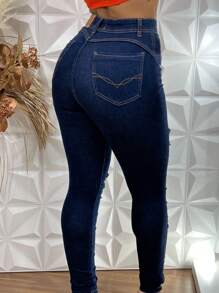 Women Jeans - 深色水洗藍 - 查看 5