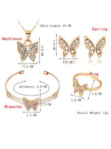 5pcs Girls Butterfly Diamond Set Casual Everything Bracelet Necklace Ring Earrings Jewelry - Gold - View 8