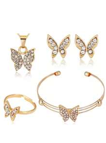 5pcs Girls Butterfly Diamond Set Casual Everything Bracelet Necklace Ring Earrings Jewelry - Gold - View 5