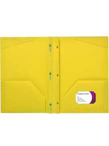 1pc Plastic Folder With 2 Internal Pockets, 1 Card Slot And 3 Prongs For Holding 3-ring Punched Paper. Ideal For Storing School Documents, Forms And Homework Assignments - Yellow - View 1