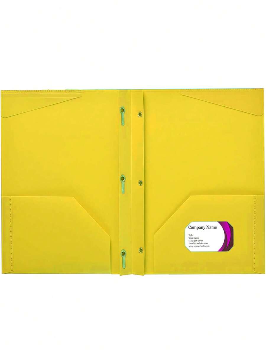 1pc Plastic Folder With 2 Internal Pockets, 1 Card Slot And 3 Prongs For Holding 3-ring Punched Paper. Ideal For Storing School Documents, Forms And Homework Assignments - Yellow - View 1