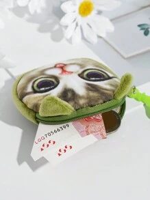 1pc Green Cartoon Cat Mini Zipper Coin Purse, Lovely Small Wallet - Green - View 3