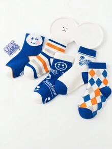 5 Chicos azul de cuadros de rayas diseño bloquear color con diseño de letra elástico cómodo Calcetines hasta mitad de pantorrilla , Fin de la primavera deporte informal estilo para para niños Zapatos de atletismo , de niño de moda de moda invierno Calcetines - Multicolor - Ver 7