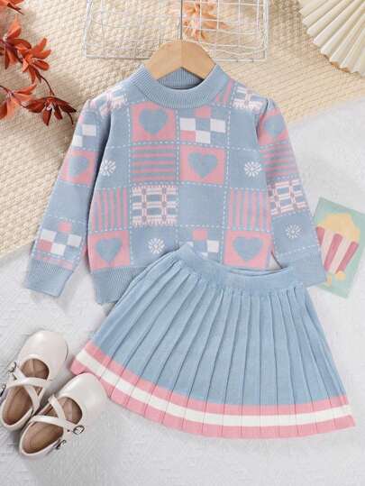 Conjunto de 2 peças Estilo Casual de Estudante Simples de Menina Jovem com Impressão de Coração e Grade na Manga Longa e Saia Plissada, Outono/Inverno