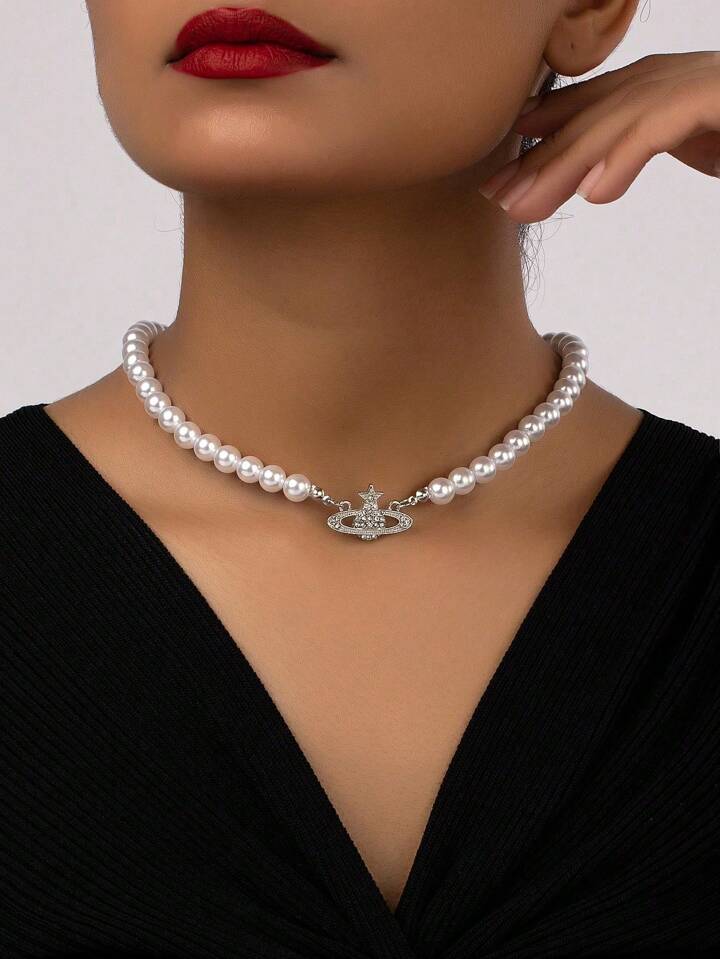 Rhinestone Charm Faux Pearl Beaded Necklace Free setup