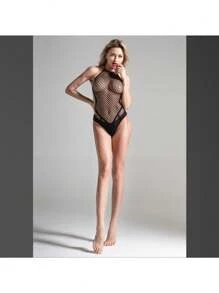 透明性感內衣,漁網鏤空連身背心 - 黑色 - 查看 3